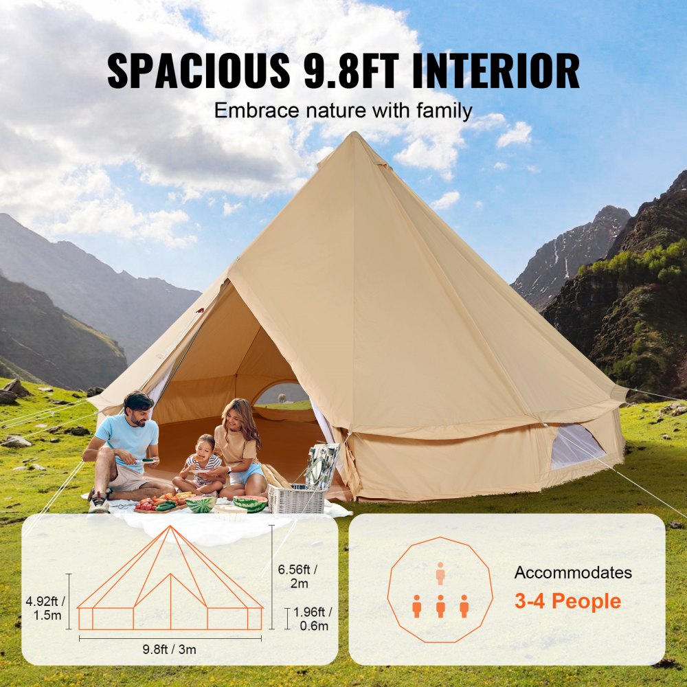 ZJTM1009 - Spacious Bell Tent for 3-5, Waterproof Cotton Canvas with Ventilation