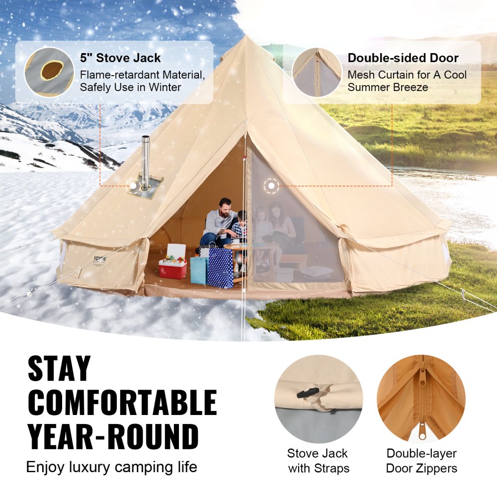 ZJTM1149 - 13.12ft Canvas Bell Tent for 5-8 People with Fireplace