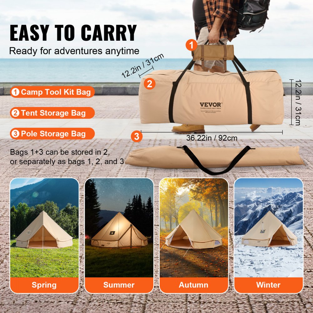 ZJTM1149 - 13.12ft Canvas Bell Tent for 5-8 People with Fireplace