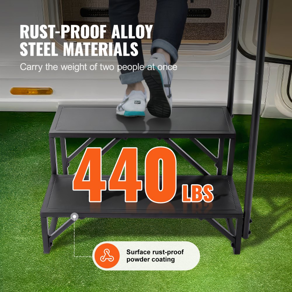HT231201A - Sturdy 2-Step RV Access Stairs with Handrail, 440 lbs Capacity