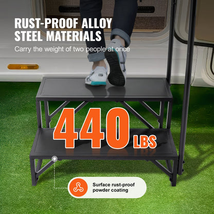 HT231201A - Sturdy 2-Step RV Access Stairs with Handrail, 440 lbs Capacity
