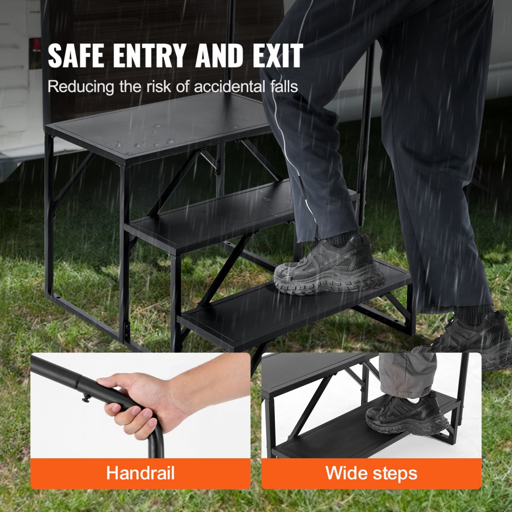 HT231201B - Heavy-Duty 3-Step RV Stairs with Handrail, 440 lbs Capacity