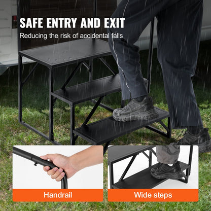HT231201B - Heavy-Duty 3-Step RV Stairs with Handrail, 440 lbs Capacity