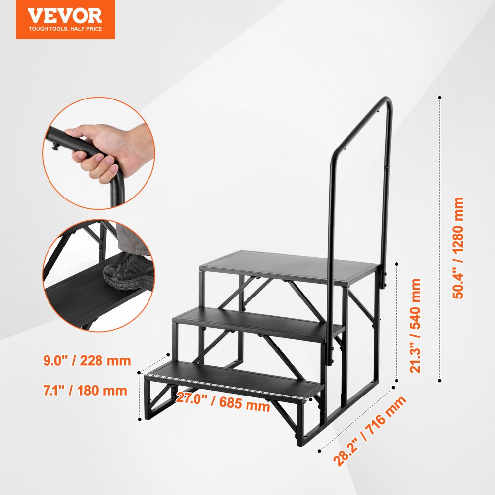 HT231201B - Heavy-Duty 3-Step RV Stairs with Handrail, 440 lbs Capacity