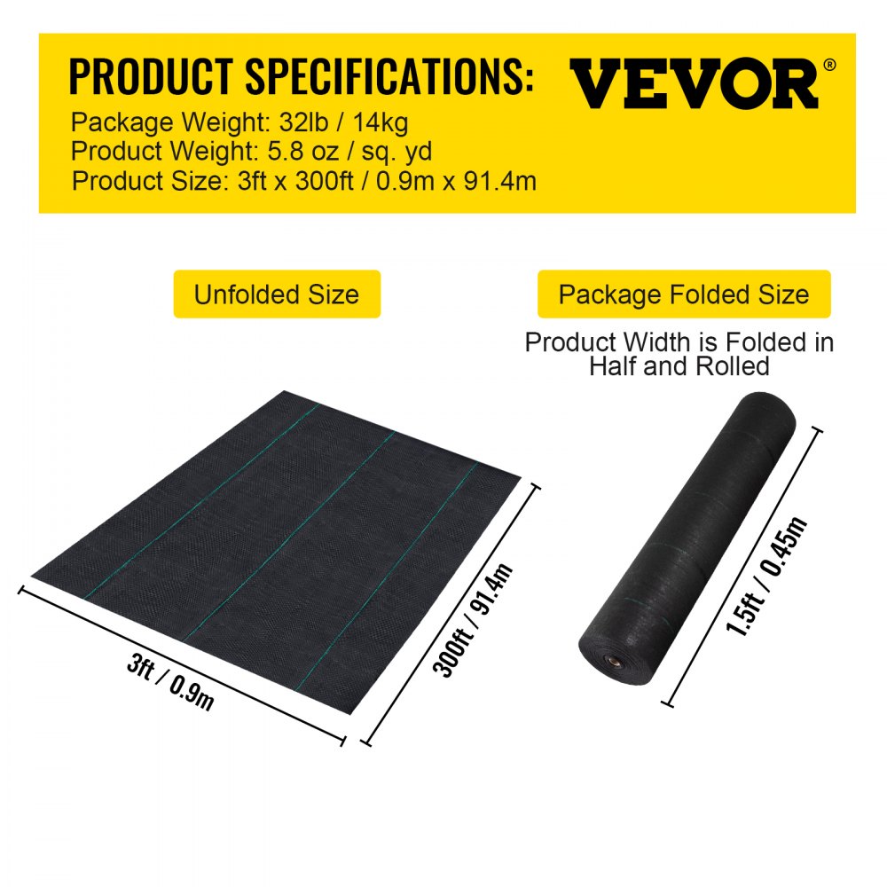 VV-FCB-PE 3*300FT 5.8OZ - Durable Weed Barrier Fabric for Garden Protection