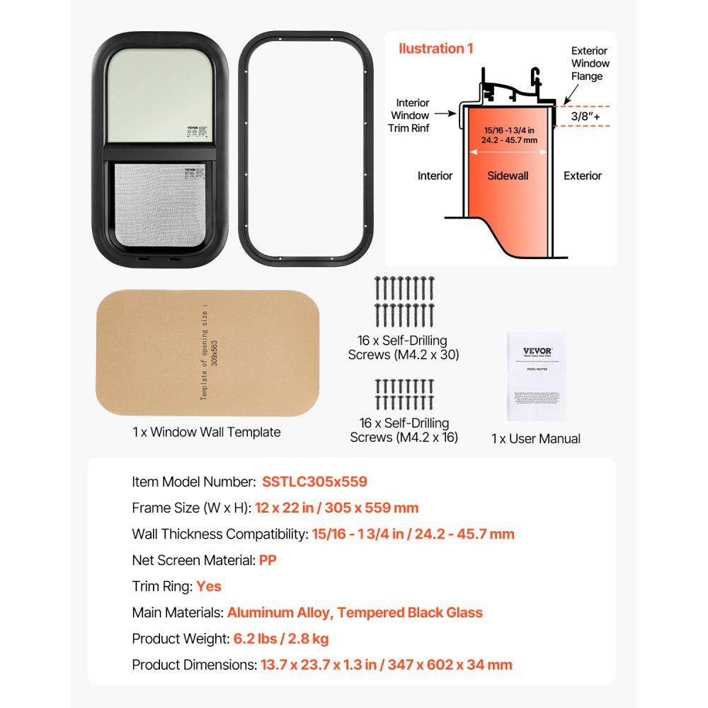 SSTLC305x559 - Tinted 12" x 22" Vertical RV Window with Security Lock and Screen