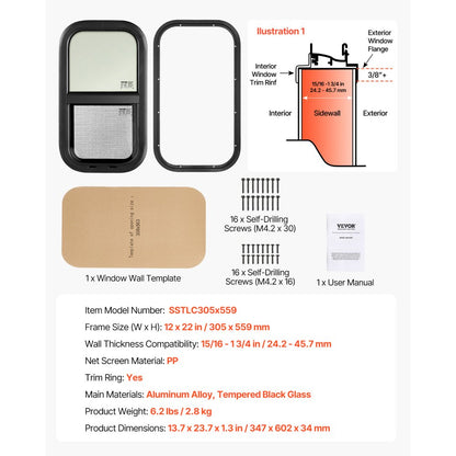SSTLC305x559 - Tinted 12" x 22" Vertical RV Window with Security Lock and Screen