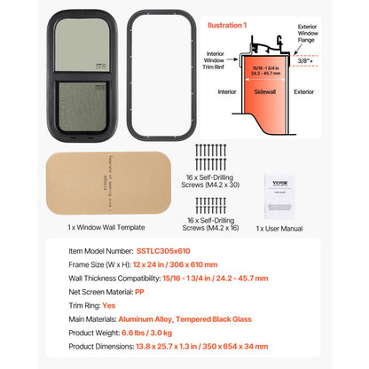 SSTLC305x610 - 12"x24" Tinted Sliding RV Window with Screen & Lock