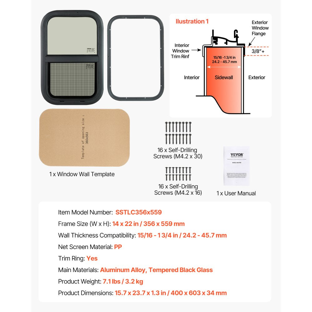 SSTLC356x559 - 14" x 22" Tinted Sliding RV Window with Net Screen