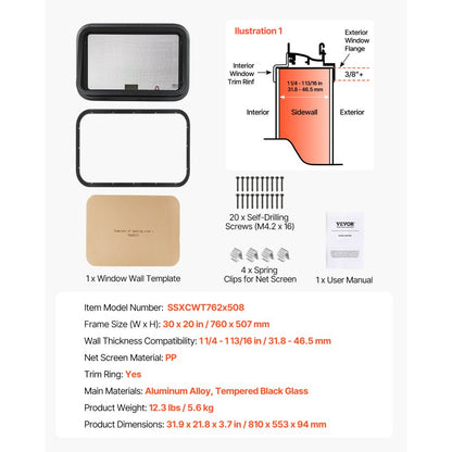 SSXCWT762x508 - 30" x 20" Tempered Glass Exit Window for RVs