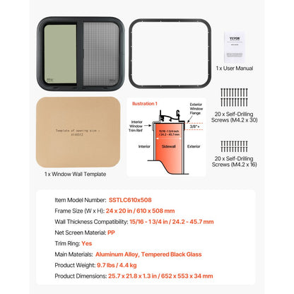 SSTLC610x508 - 24"W x 20"H Tinted RV Window with Security Lock & Screen