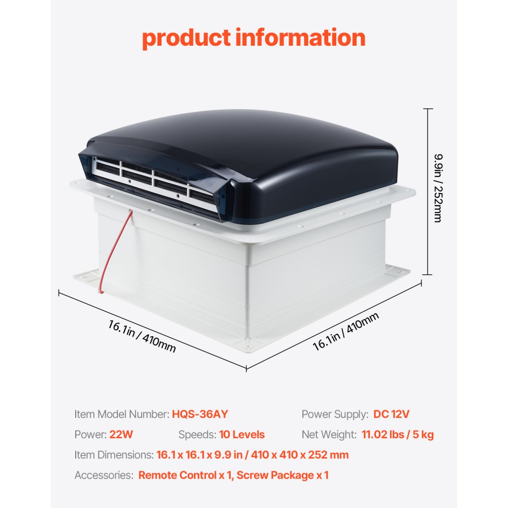 HQS-36AY - 14-Inch RV Roof Vent Fan with 10 Speeds & Remote Control