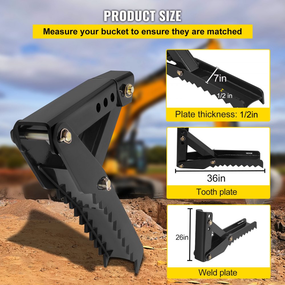 010683775914 - 36" Heavy-Duty Excavator Thumb with Sharp Steel Plates