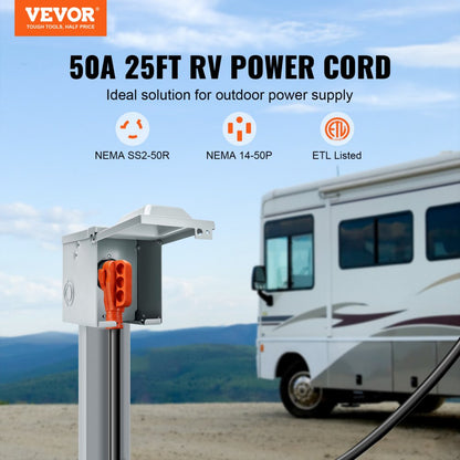 RVX-50A25FT - 50A RV Power Cord with LED Indicator & 15A Adapter