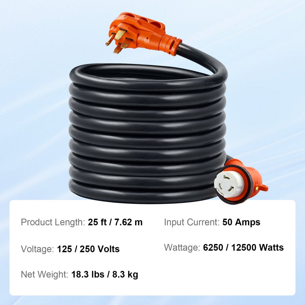 RVX-50A25FT - 50A RV Power Cord with LED Indicator & 15A Adapter