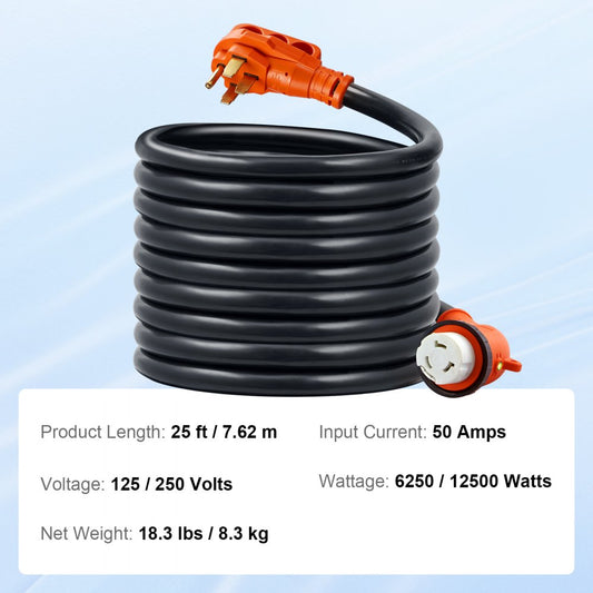 RVX-50A25FT - 50A RV Power Cord with LED Indicator & 15A Adapter