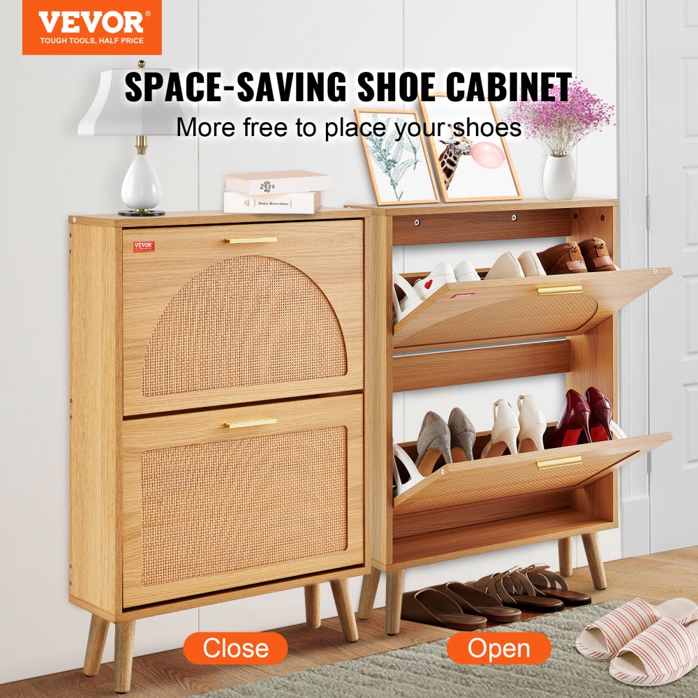 HZR001 - Compact Shoe Cabinet with Rattan Finish & 2 Drawers