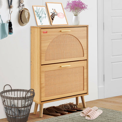 HZR001 - Compact Shoe Cabinet with Rattan Finish & 2 Drawers