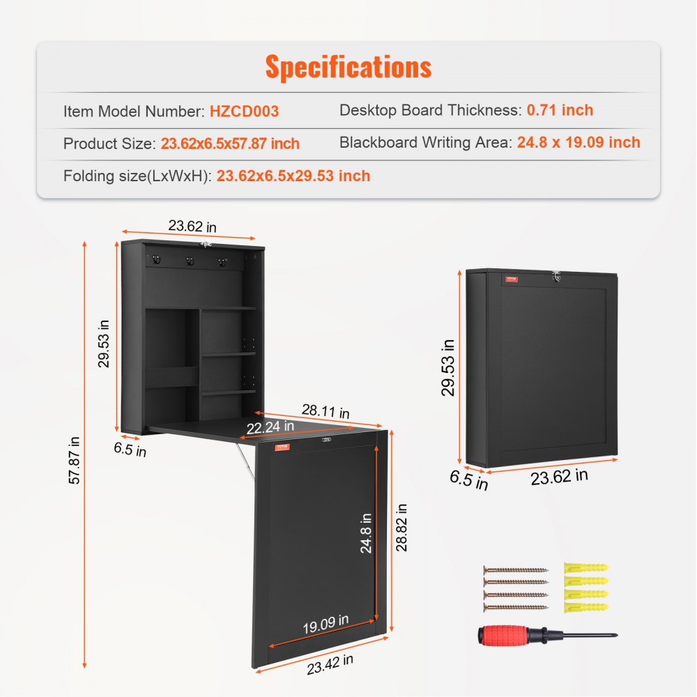 HZCD003 - Foldable Wall Desk, 23.62"x6.5", Space-Saving with Blackboard Feature