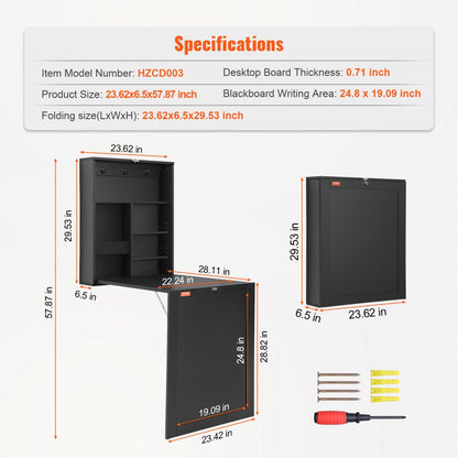 HZCD003 - Foldable Wall Desk, 23.62"x6.5", Space-Saving with Blackboard Feature