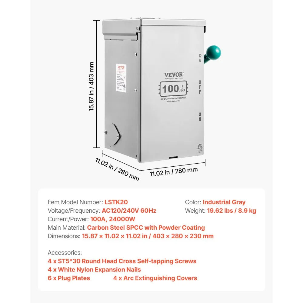 LSTK20 - 100A Heavy-Duty Generator Transfer Switch for Home Power Supply