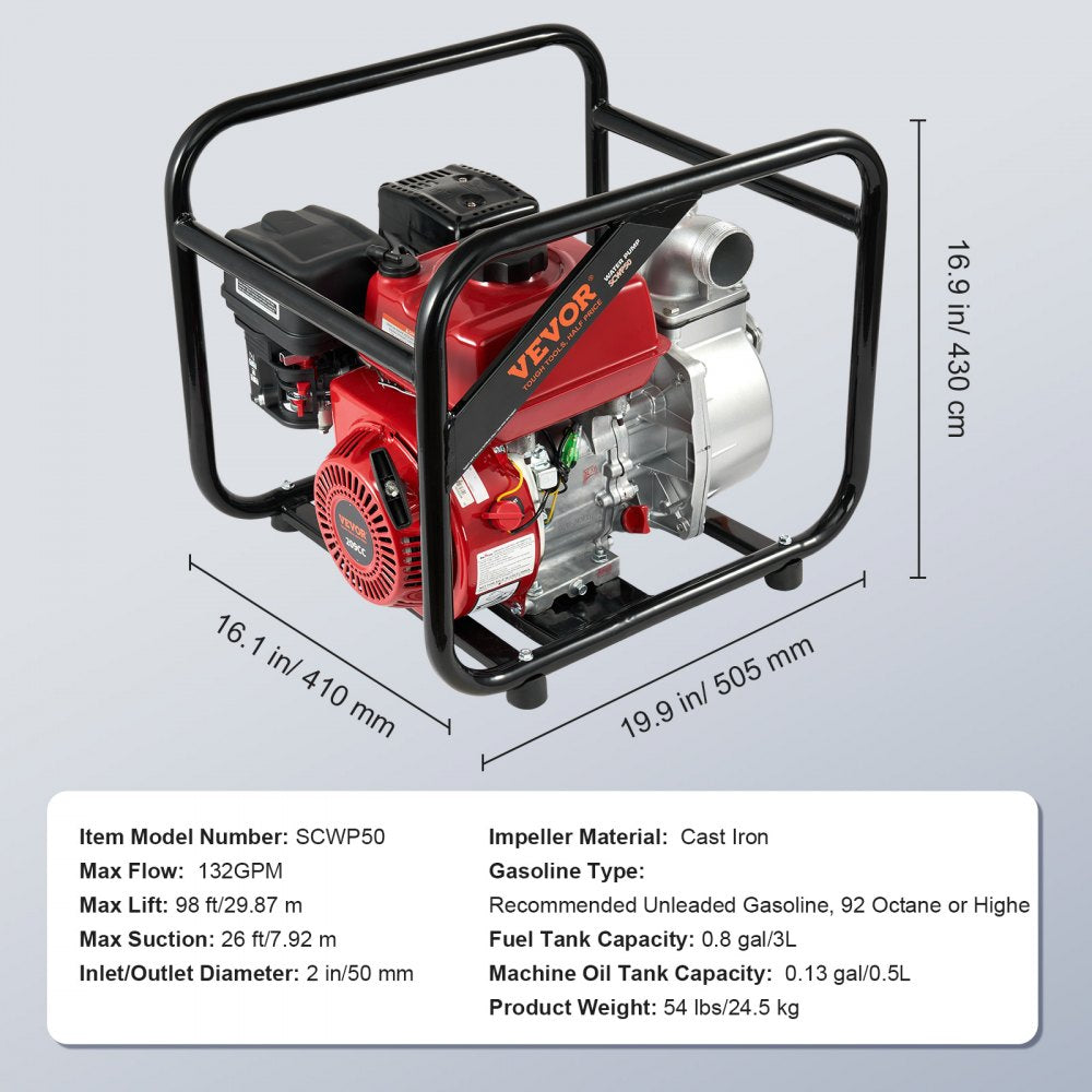 SCWP50 - 7HP Gas Water Pump, 132 GPM, 98ft Lift, Includes 25ft Hose