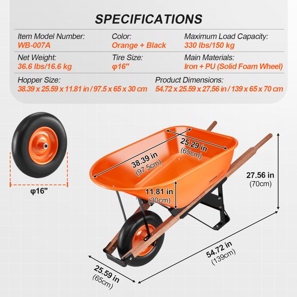 WB-007A - Ergonomic Garden Cart with 16" Wheels and 330 lbs Capacity