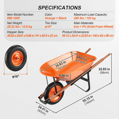 WB-1000 - Ergonomic Garden Cart with 16-Inch Wheel & 265 lbs Load Capacity