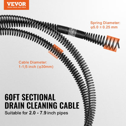 60ft*1-1/5 - 60ft VEVOR Flexible Drain Cleaning Cable, 1-1/5" Diameter