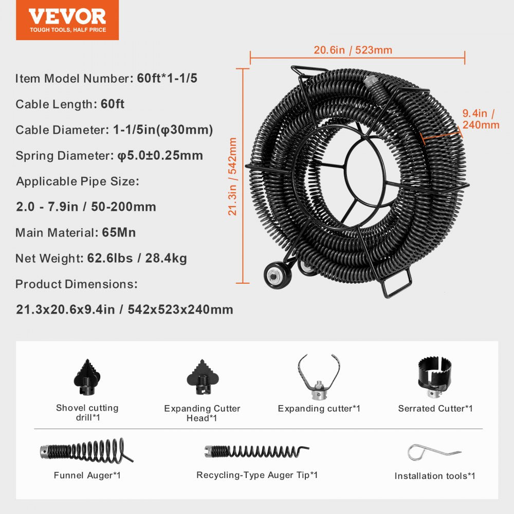 60ft*1-1/5 - 60ft VEVOR Flexible Drain Cleaning Cable, 1-1/5" Diameter