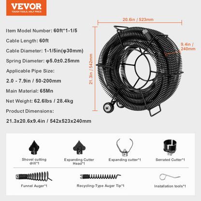 60ft*1-1/5 - 60ft VEVOR Flexible Drain Cleaning Cable, 1-1/5" Diameter