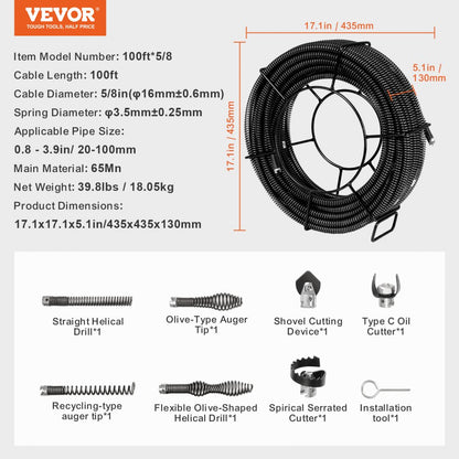 100ft*5/8 - Heavy-Duty 5/8" Drain Cleaning Cable, 100 FT for Plumbing