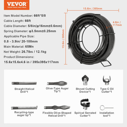 66ft*5/8 - Durable Spring Steel Drain Cable for Tight Bends