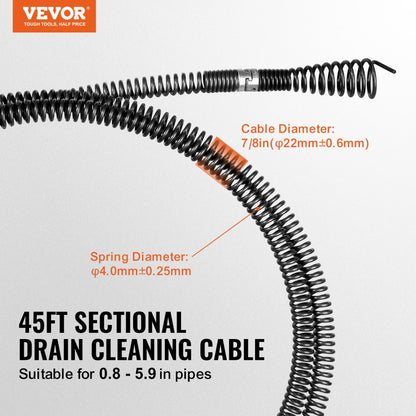 45ft*7/8 - 45ft Spring Steel Drain Cleaning Cable for Professional Use