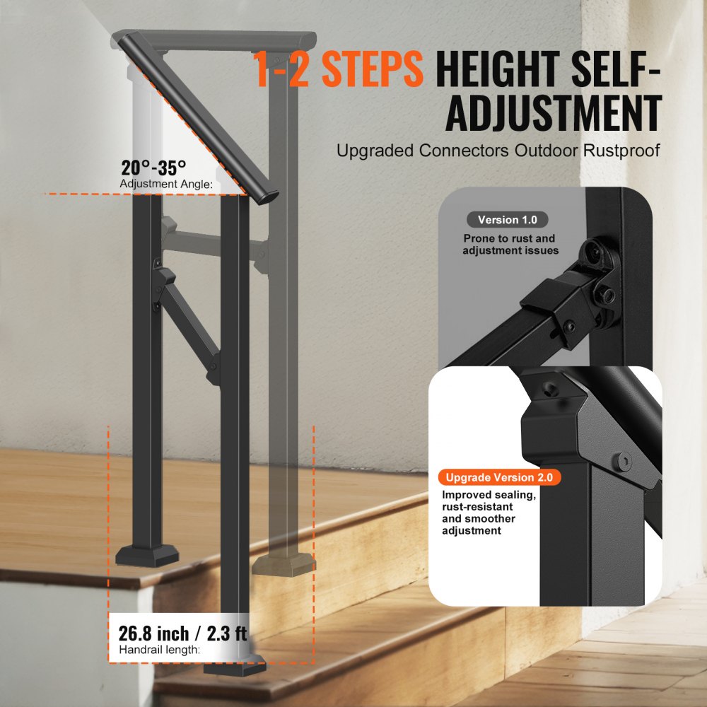 FG-12 - Adjustable Outdoor Steel Handrail, Supports 220 lbs, Black Finish