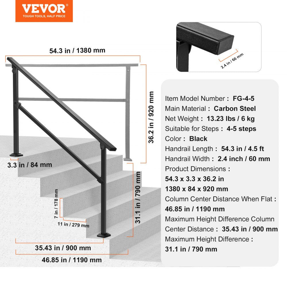 FG-45 - Durable Carbon Steel Outdoor Handrail for 4-5 Steps