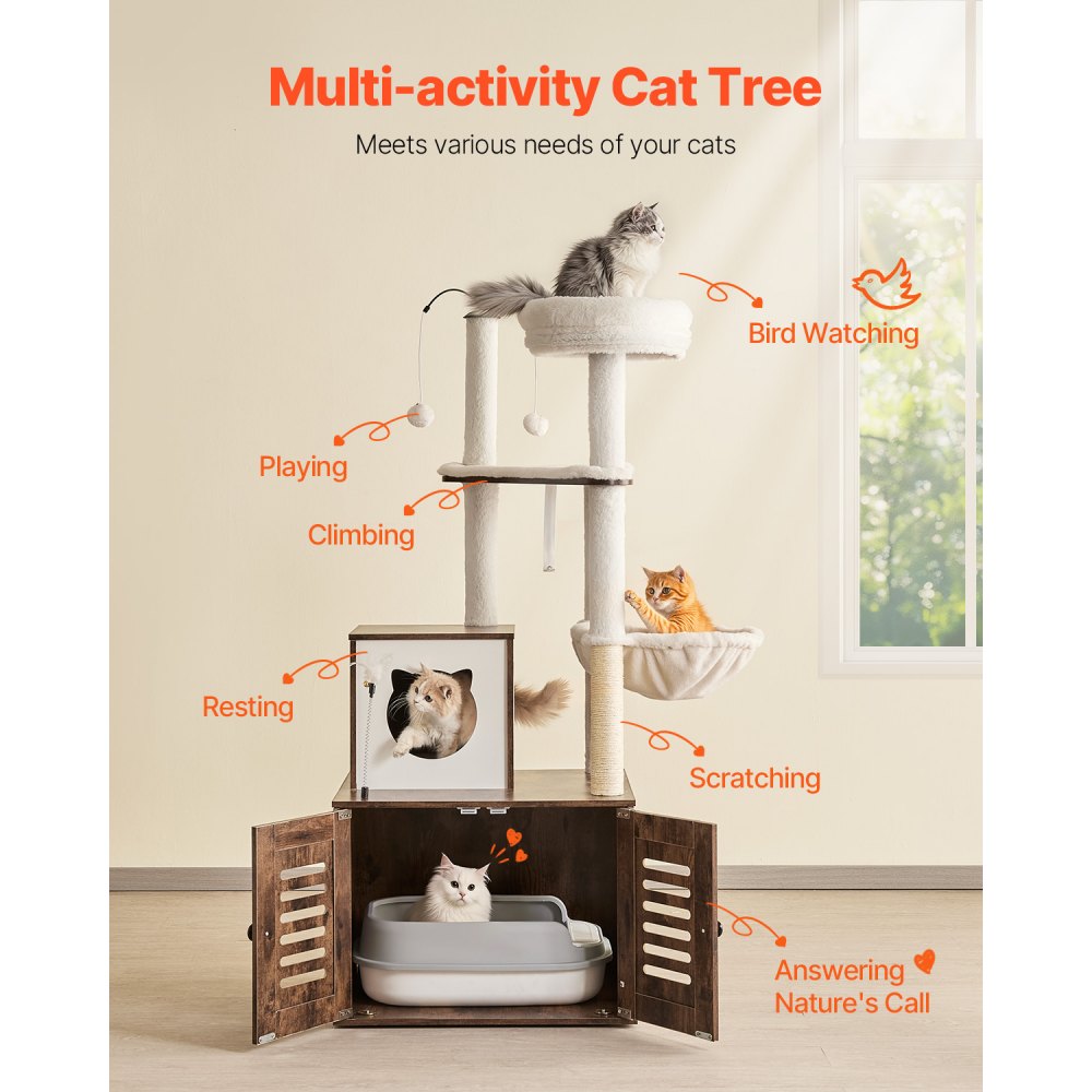 SSXG004 - 2-in-1 Cat Tree with Litter Box, Durable Faux Fur & Toys