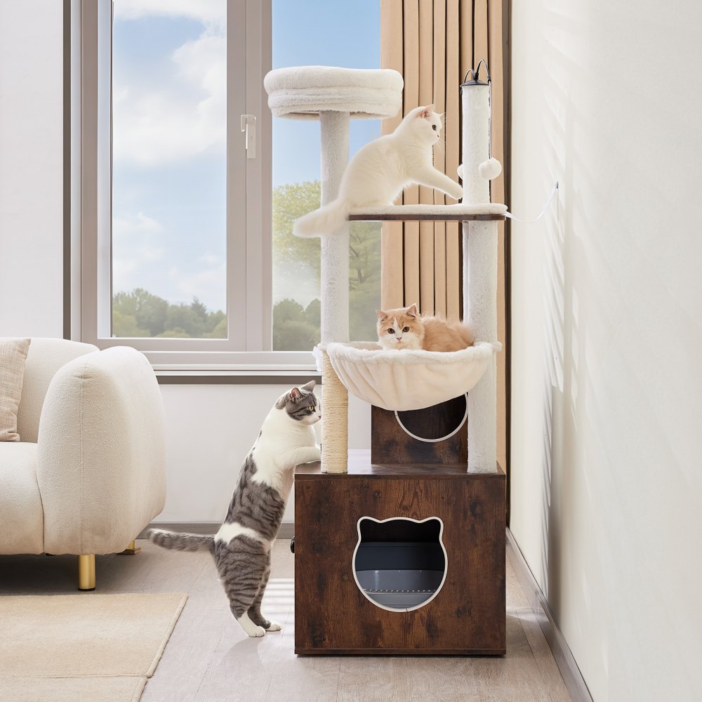 SSXG004 - 2-in-1 Cat Tree with Litter Box, Durable Faux Fur & Toys
