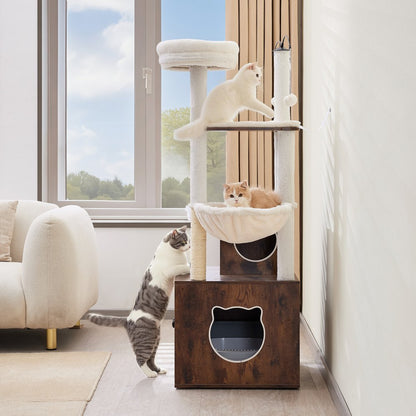 SSXG004 - 2-in-1 Cat Tree with Litter Box, Durable Faux Fur & Toys