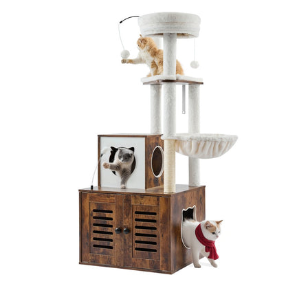 SSXG004 - 2-in-1 Cat Tree with Litter Box, Durable Faux Fur & Toys