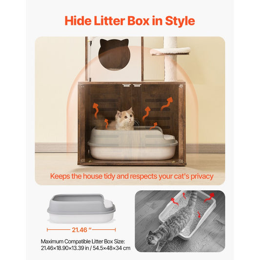 SSXG005 - 2-in-1 Cat Tree & Litter Box Enclosure with Plush Cushions