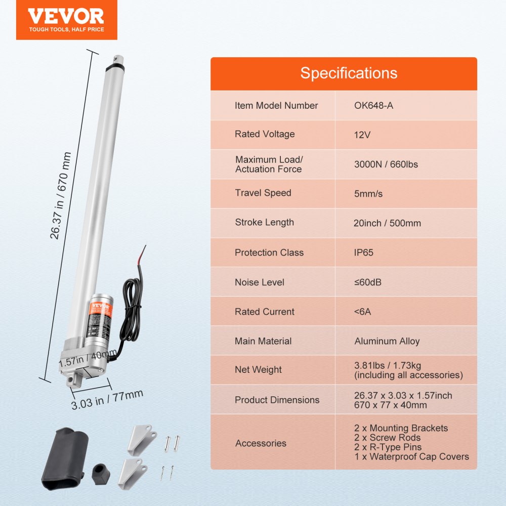 OK648-A - 20 Inch 12V Linear Actuator, 660lbs, IP65 Rated