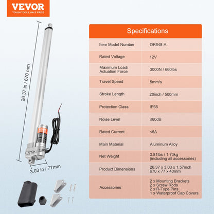 OK648-A - 20 Inch 12V Linear Actuator, 660lbs, IP65 Rated