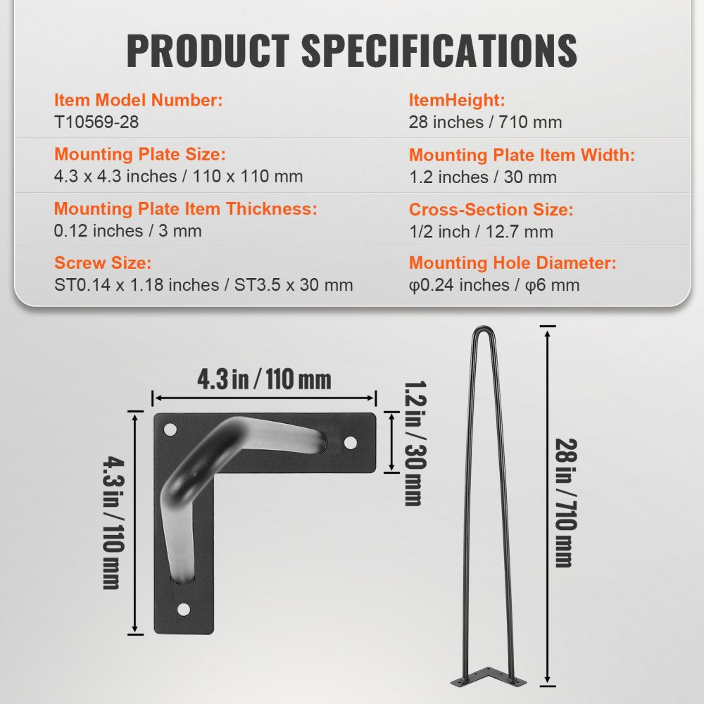 T10569-28 - 28" Durable Hairpin Legs for Stylish DIY Furniture Projects