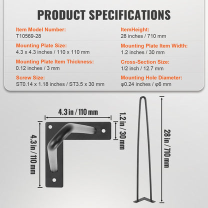 T10569-28 - 28" Durable Hairpin Legs for Stylish DIY Furniture Projects