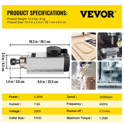 7005 x 2, 7002 x 2 - 2.2KW Air Cooled Spindle Motor, Durable ER20, 24000 RPM