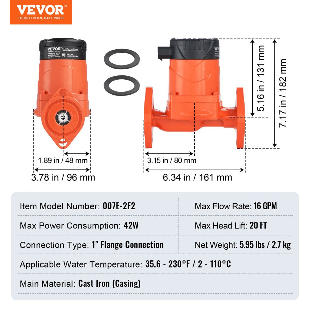 007E-2F2 - 20ft High Efficiency Circulation Pump with 16 GPM Flow