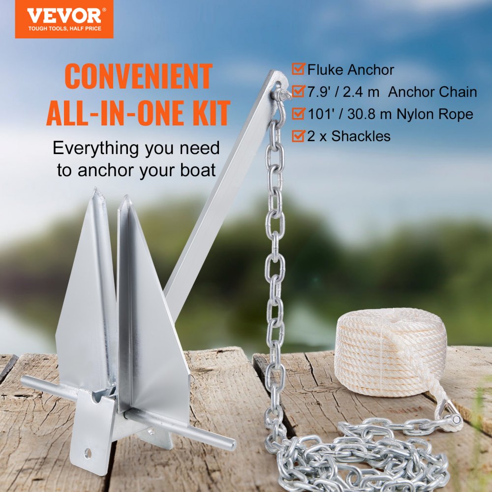 AN08A-6.0kg-YM(AS) - Durable 13 lb Fluke Anchor Kit with 7.9' Chain & Rope