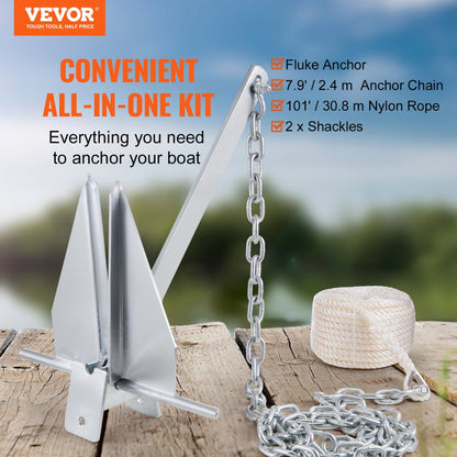 AN08A-6.0kg-YM(AS) - Durable 13 lb Fluke Anchor Kit with 7.9' Chain & Rope