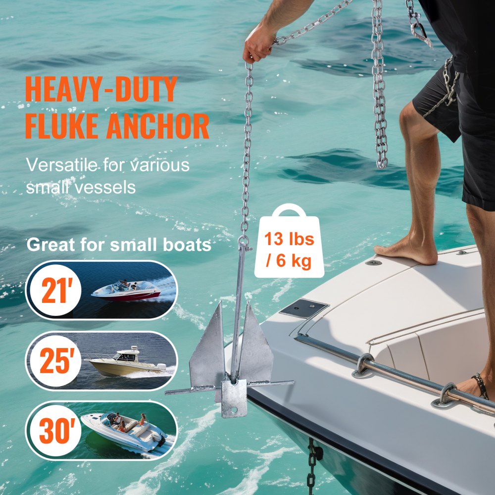AN08A-6.0kg-YM(AS) - Durable 13 lb Fluke Anchor Kit with 7.9' Chain & Rope